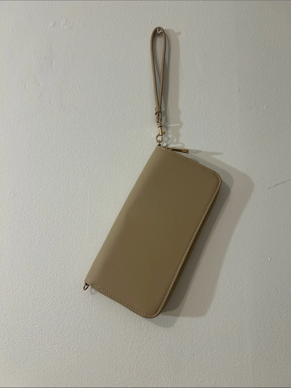 Beige Faux Leather Wristlet Wallet Clutch with Pearl Strap